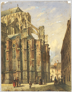 31045 Gezicht op het koor van de Domkerk te Utrecht vanuit Achter de Dom, uit het zuidoosten.